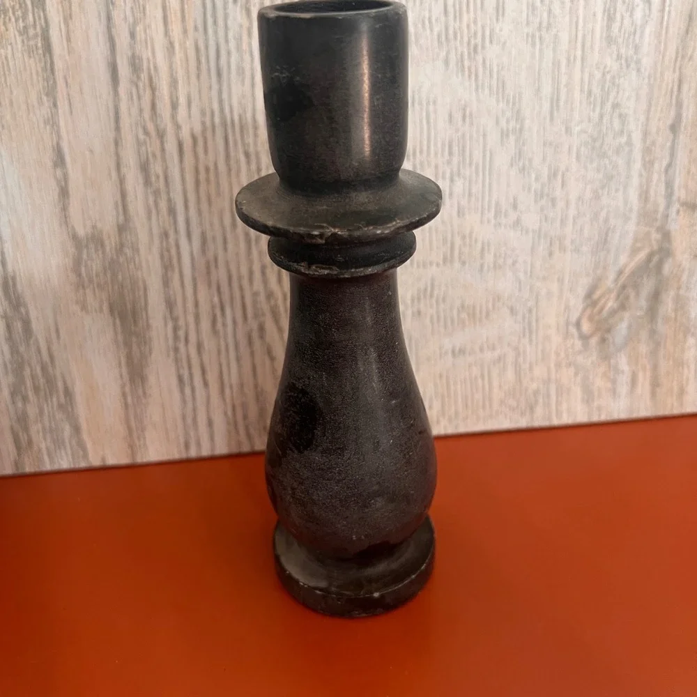 Vintage Black Soapstone Candlestick Holder Hand Carved Stone Taper Pillar 6.5